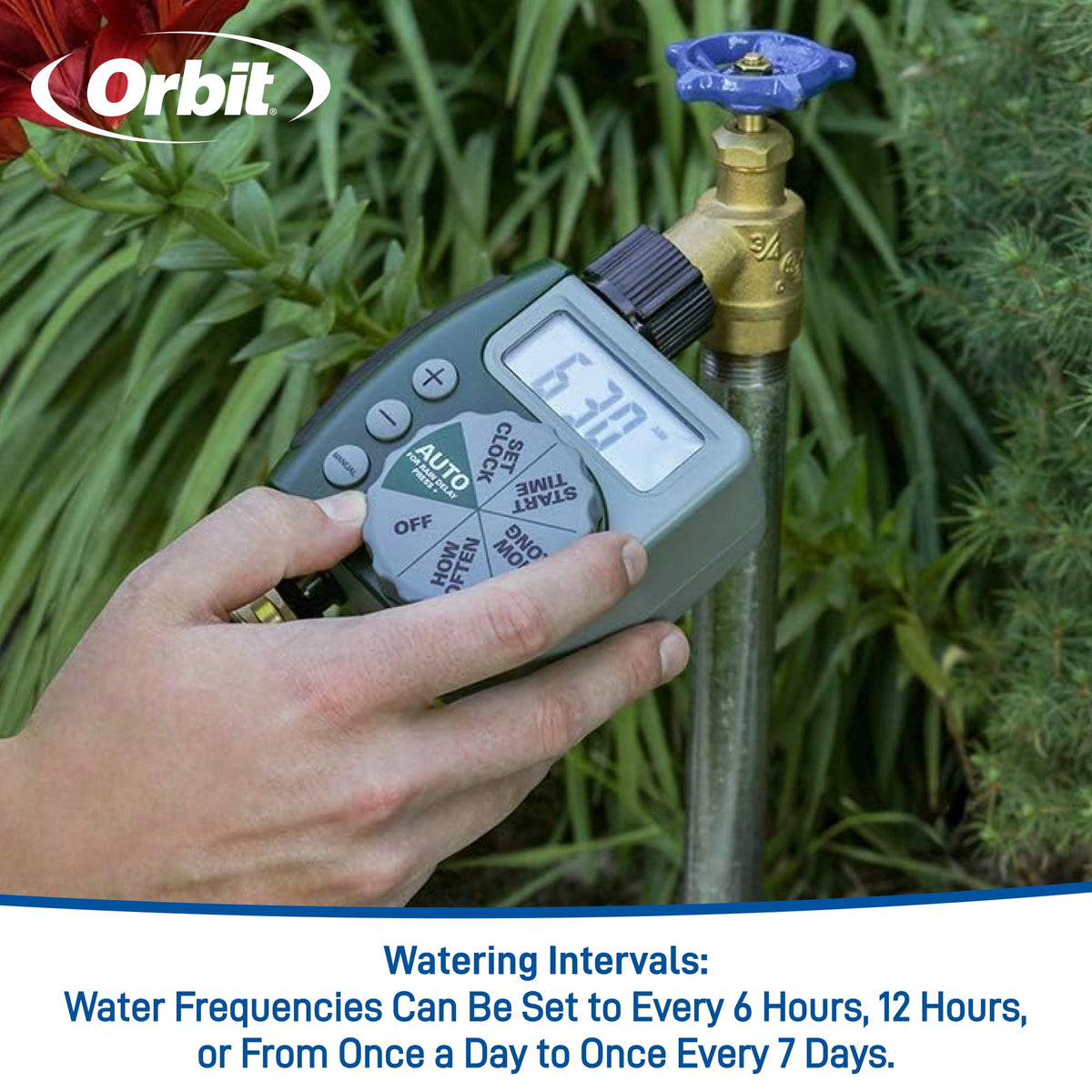 Orbit timer features a built-in rain delay to pause watering during rainfall.