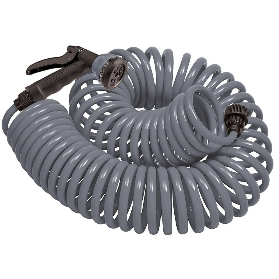 Orbit Coil Hose 25ft deployed for quick garden watering and easy reach.