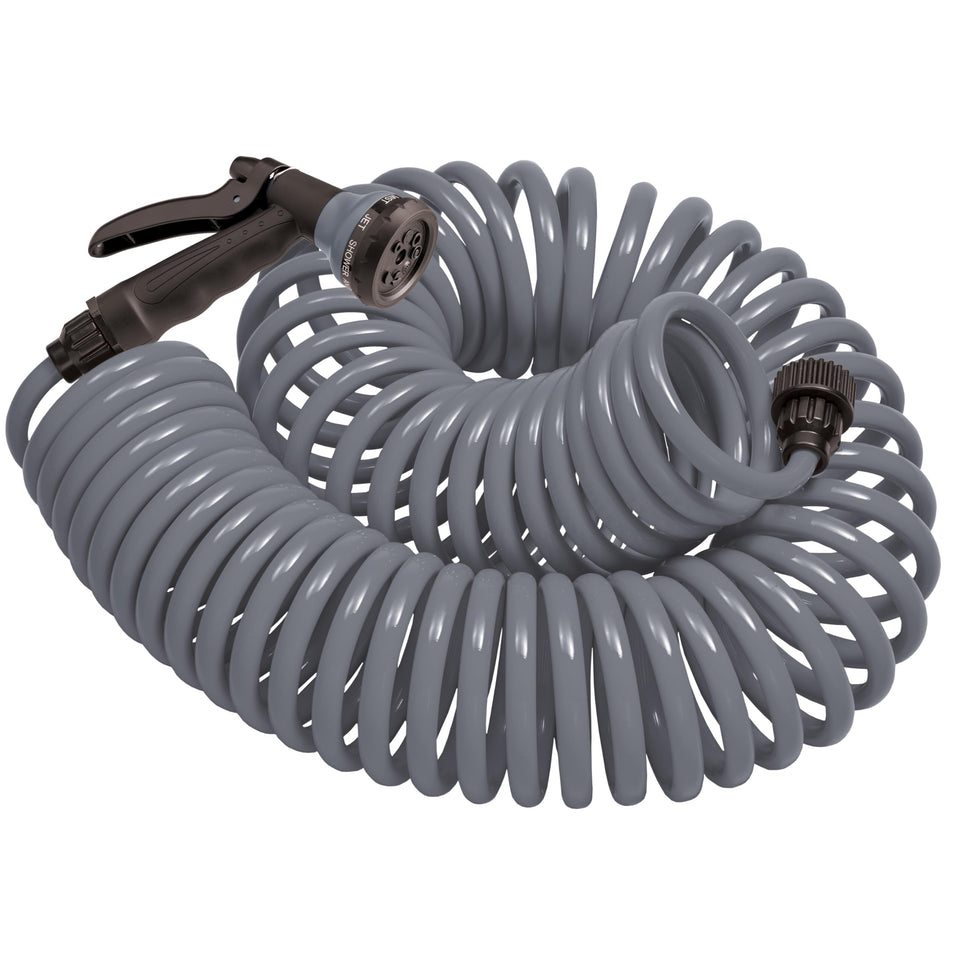 Orbit Coil Hose 50ft demonstrated for effortless backyard watering and quick deployment.