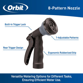 Orbit Coil Hose 8-pattern nozzle close-up showing versatile spray options.
