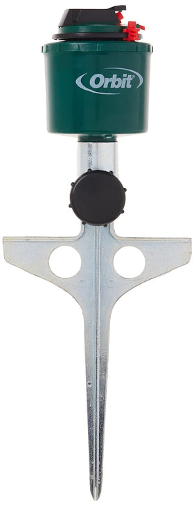 Orbit Compact Gear-Drive Sprinkler with stand for quick, flexible lawn coverage.