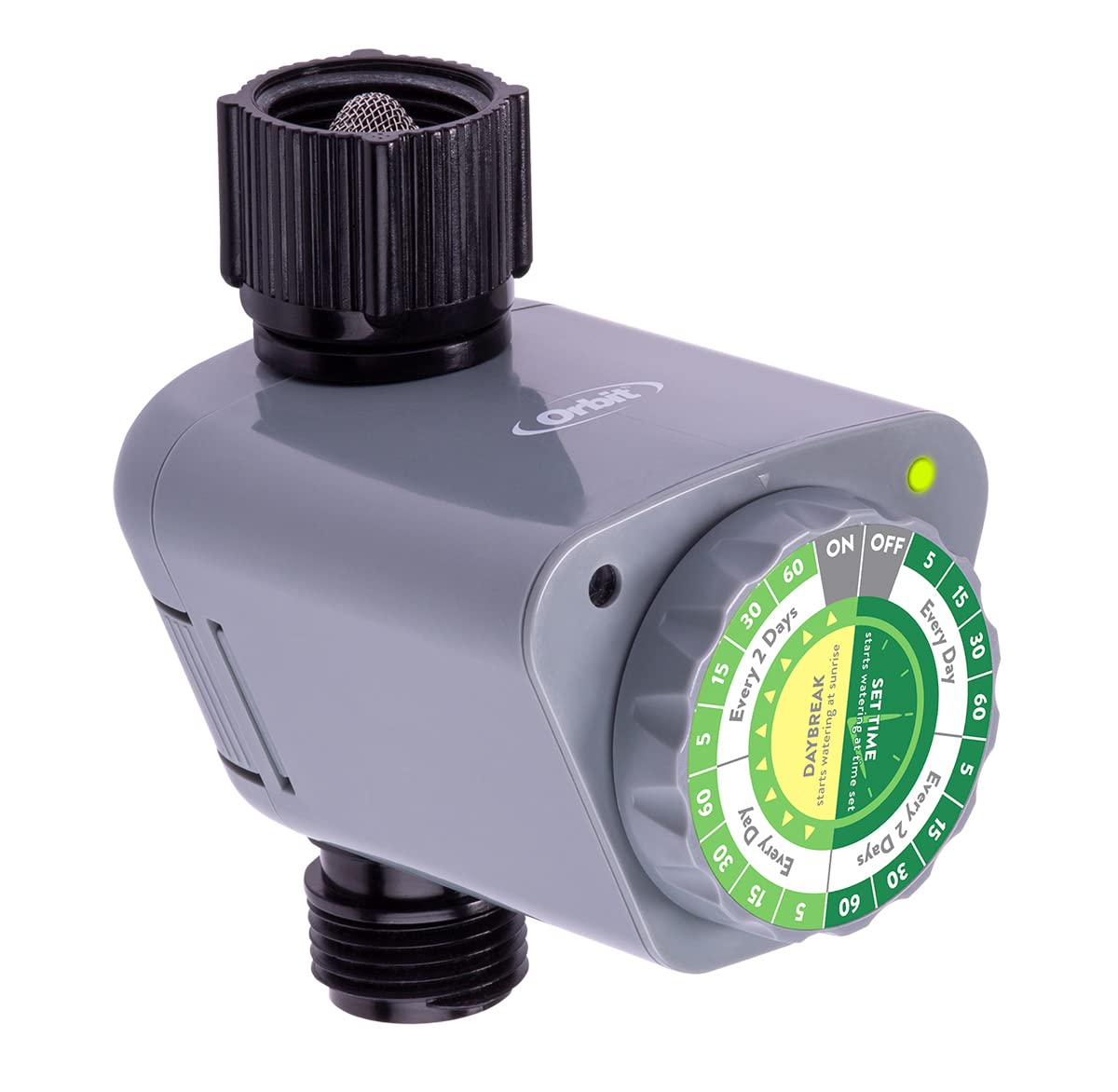 Orbit Daybreak timer front view showing easy dial for outdoor watering control