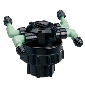 Orbit 4-port drip manifold top view for flexible irrigation layouts.