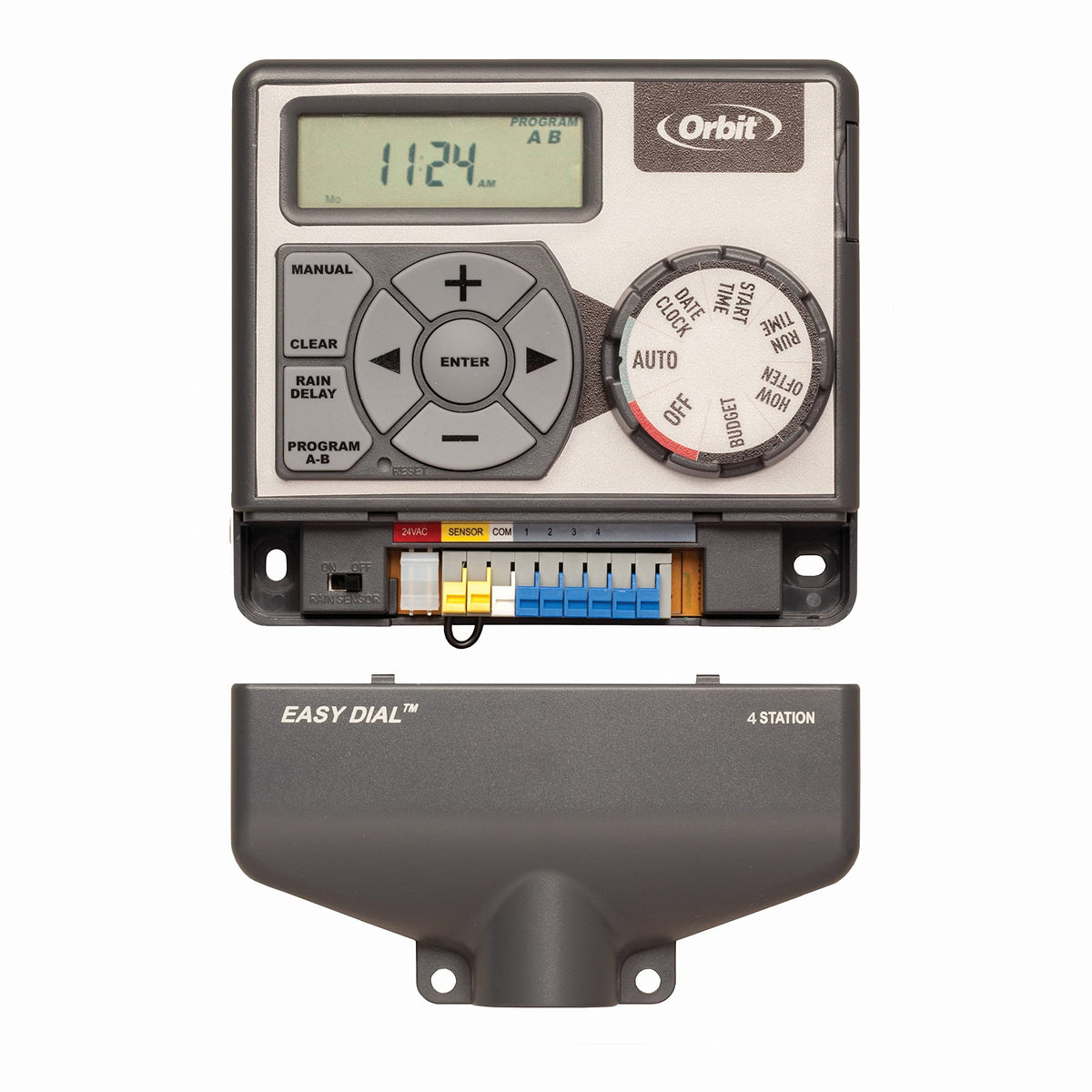 Orbit Easy Dial 4-Station Irrigation Controller dial and ports for manual operation.