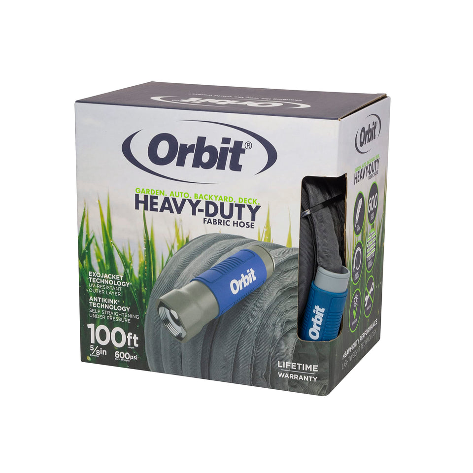 Orbit ExoJacket fabric hose outer layer resists abrasion for tough outdoor tasks.