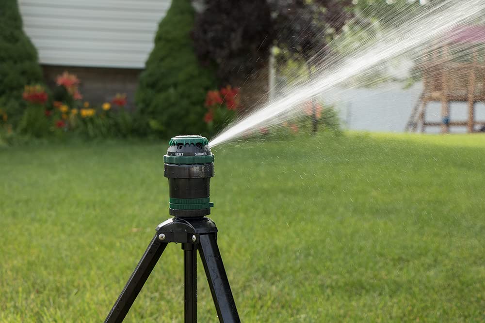 Orbit gear drive sprinkler base shown with adjustable spray options for home lawns.
