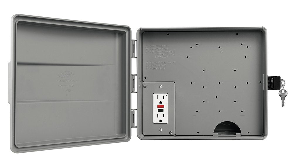 Orbit GFCI outlet inside view highlights outdoor electrical safety for irrigation systems.