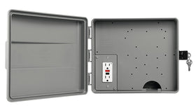 Orbit GFCI outlet inside view highlights outdoor electrical safety for irrigation systems.