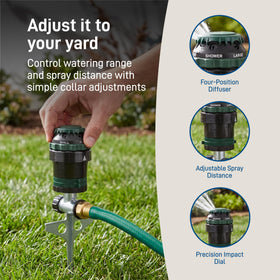 Orbit H2O-Six 360-degree watering supports full-yard irrigation.