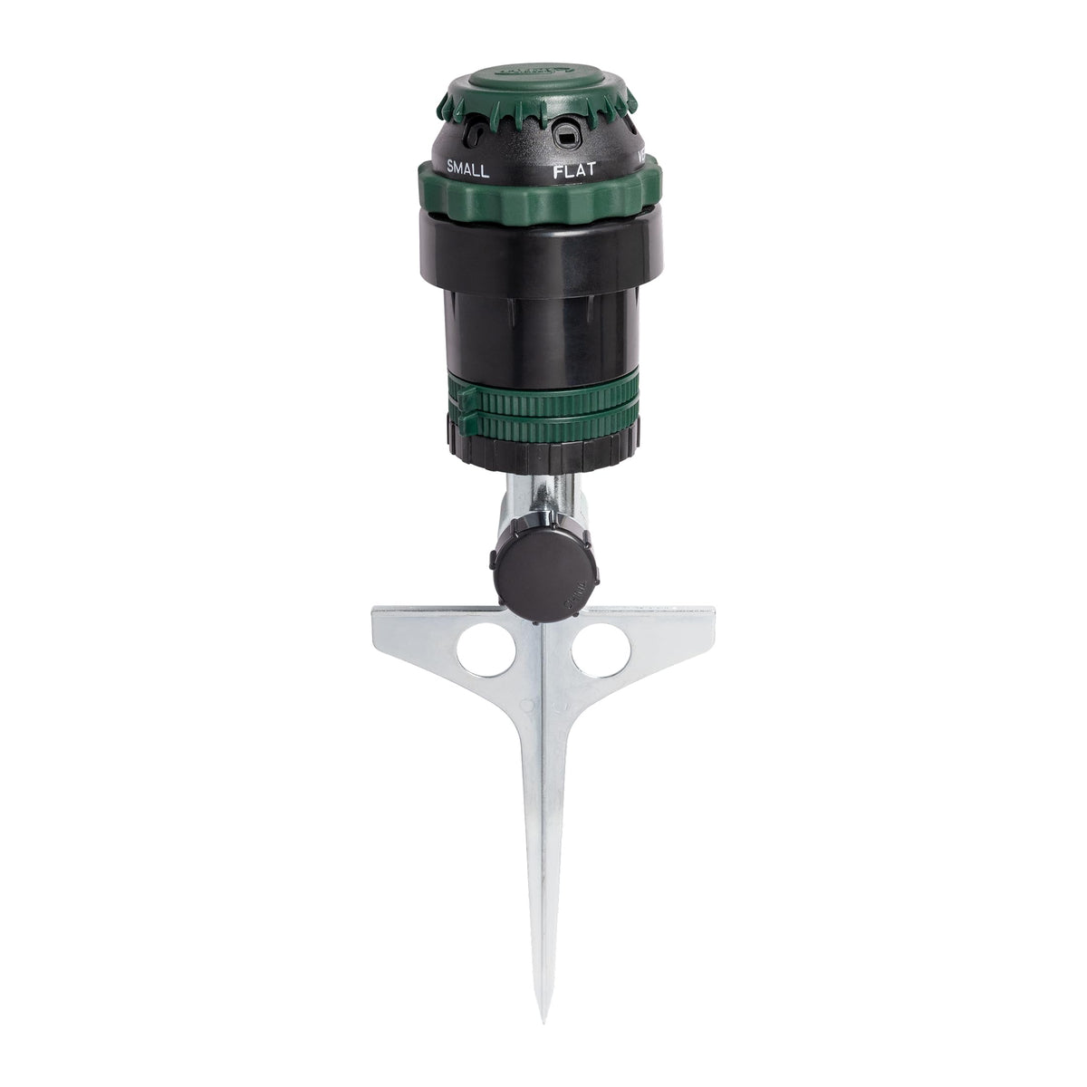 Orbit H2O-Six gear-drive sprinkler on metal T-spike delivers reliable lawn watering.