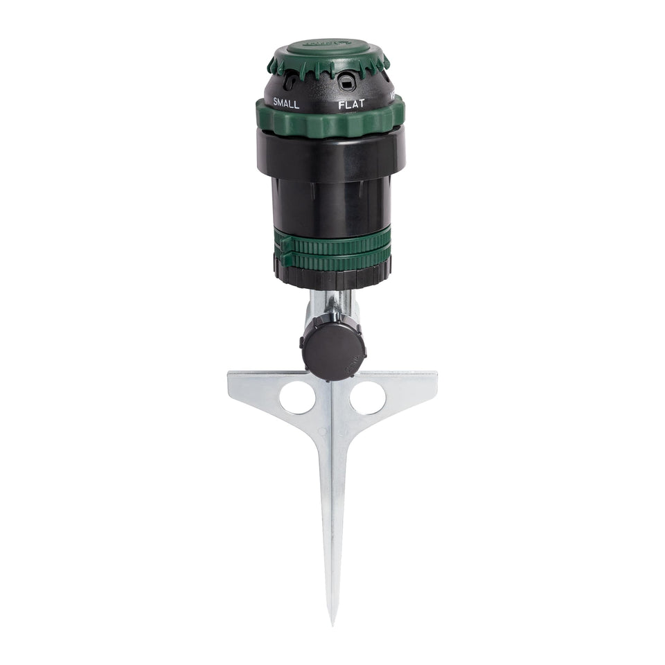 Orbit H2O-Six gear-drive sprinkler on metal T-spike delivers reliable lawn watering.