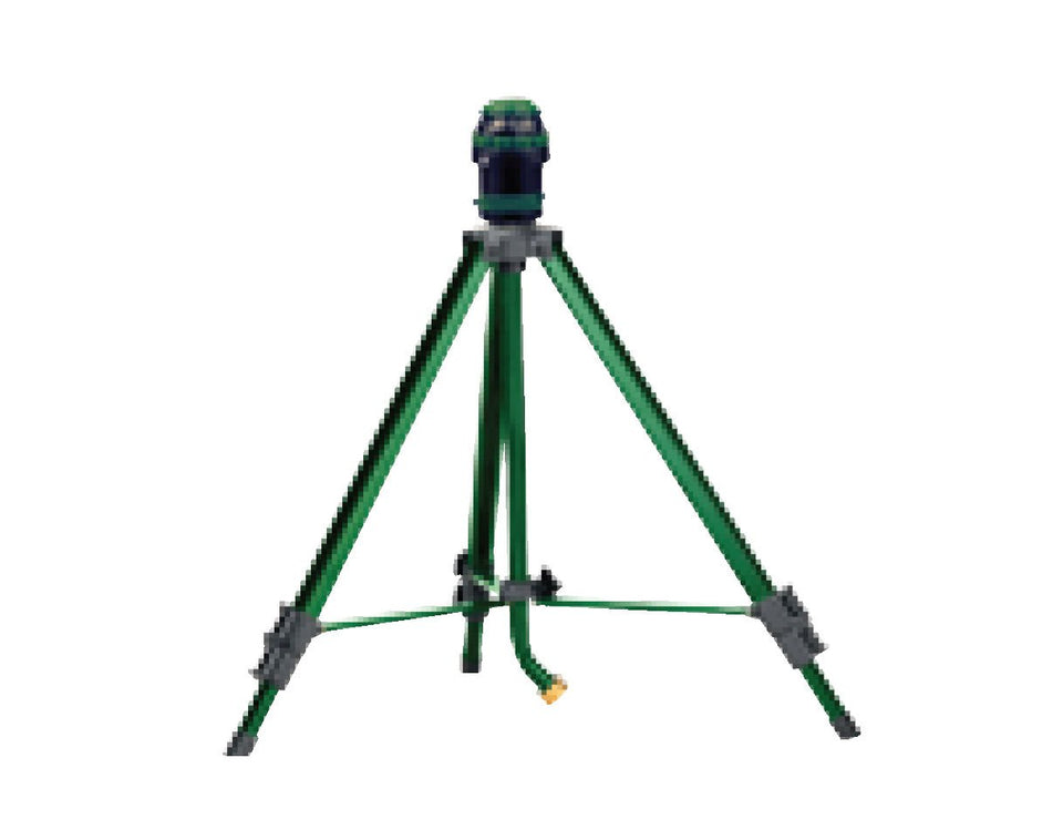 Orbit H2O-Six gear drive sprinkler on tripod delivers wide lawn coverage.