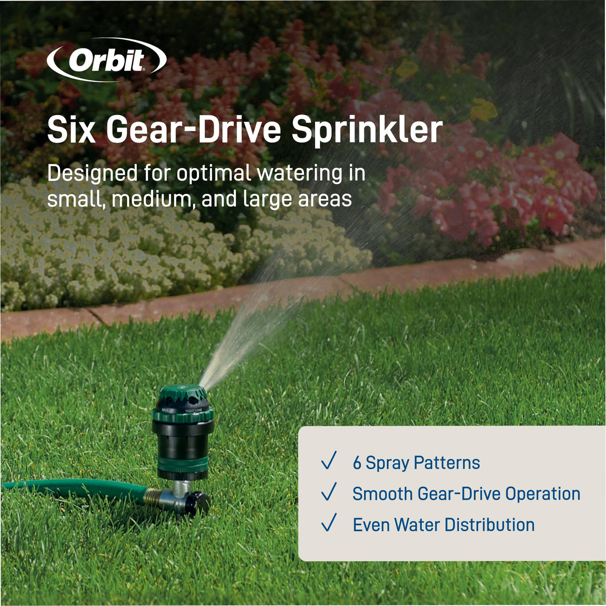 Orbit H2O-Six adjustable-range-sprinkling provides precise coverage zones.