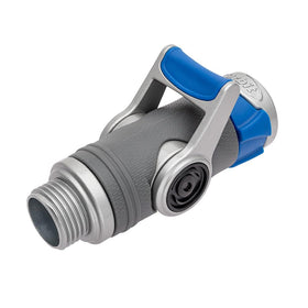 Orbit heavy-duty shut-off hose connector lever close-up for easy flow control.