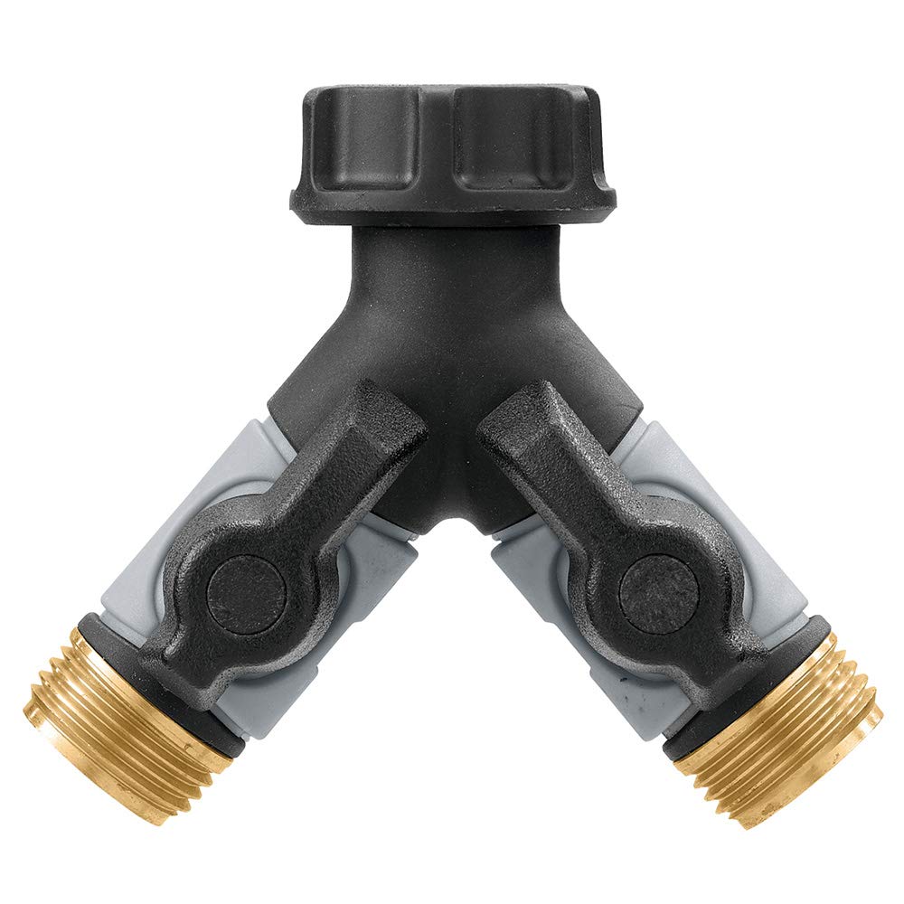 Orbit Hose Y Shut-Off Valve close-up with dual levers and durable metal body for precise flow.