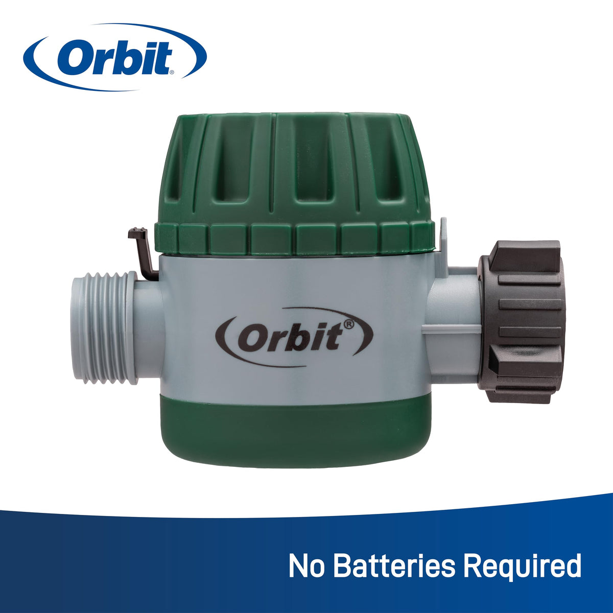 Orbit timer dial shows 15–120 minute settings for customizable irrigation.