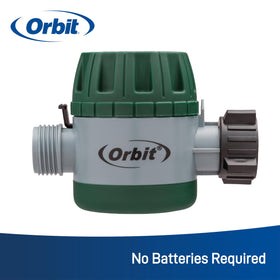 Orbit timer dial shows 15–120 minute settings for customizable irrigation.