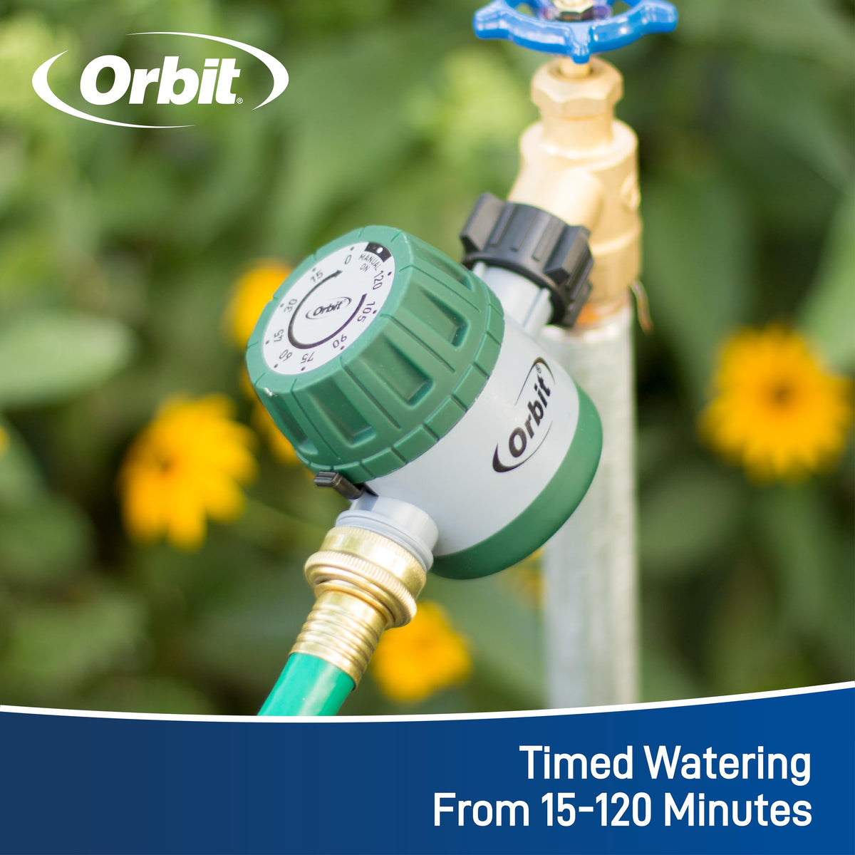 Orbit timer installed on outdoor faucet for convenient irrigation.