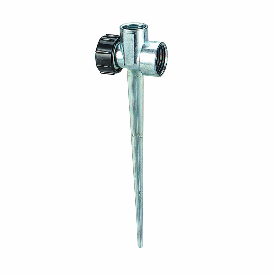 Orbit metal flow-thru sprinkler spike base for customizable lawn irrigation in action