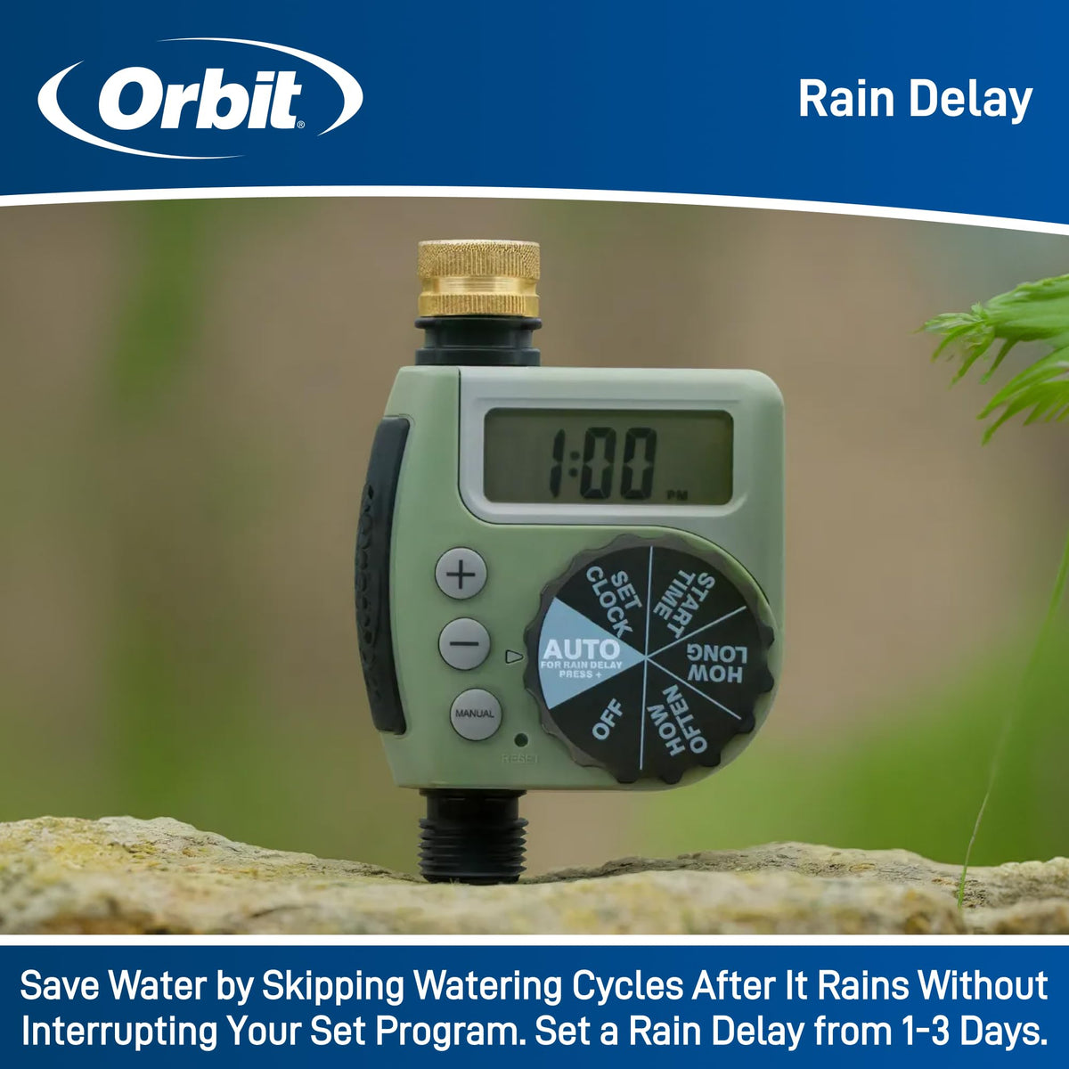 Orbit One Outlet timer battery-compartment access ensuring uninterrupted programming