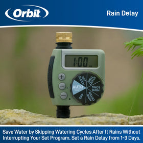 Orbit One Outlet timer battery-compartment access ensuring uninterrupted programming