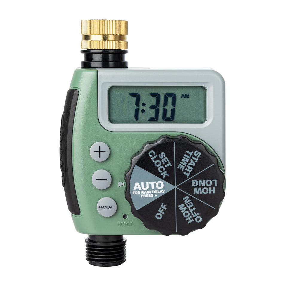 Orbit One Outlet timer front view for simple garden scheduling and water savings