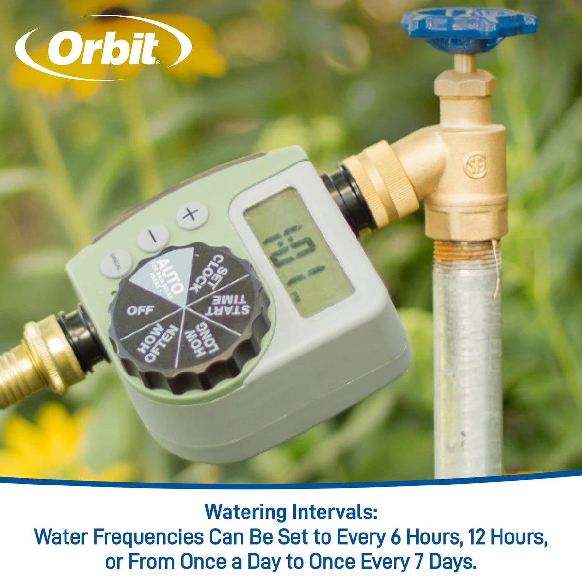 Orbit One Outlet timer LCD display in use with clear watering plan