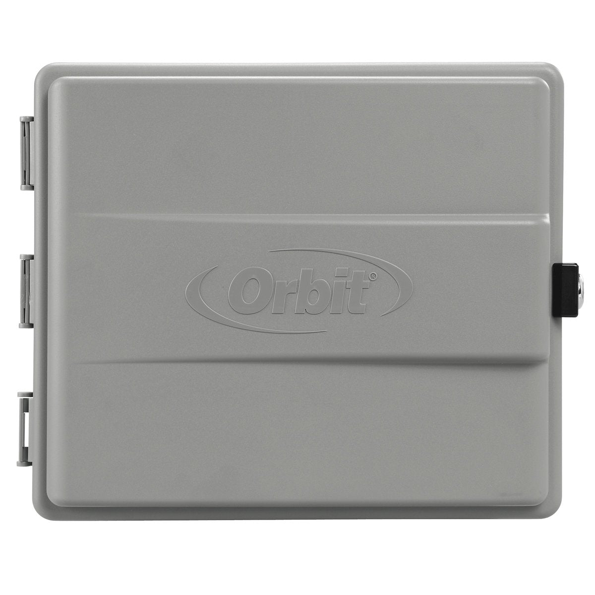 Orbit outdoor sprinkler cabinet front view shows weatherproof enclosure for indoor timer protection.