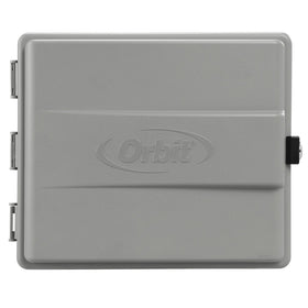 Orbit outdoor sprinkler cabinet front view shows weatherproof enclosure for indoor timer protection.