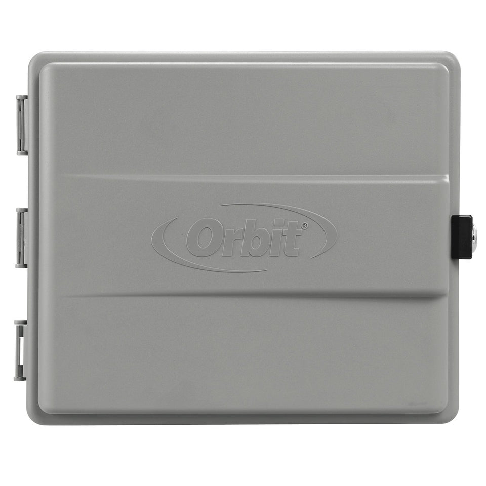 Orbit outdoor sprinkler cabinet front view shows weatherproof enclosure for indoor timer protection.