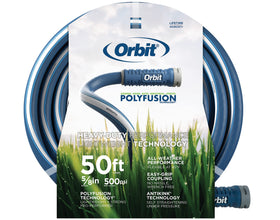 Orbit Polyfusion hose 50ft coil shows easy storage and flexible garden watering.