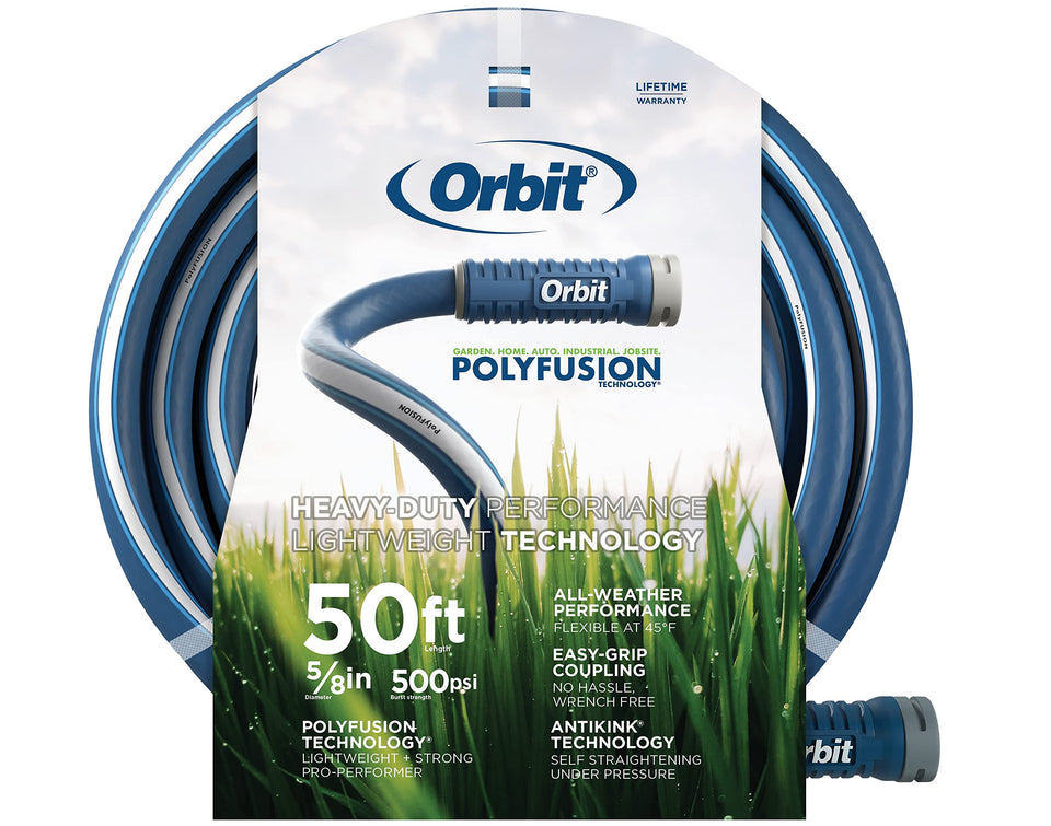 Orbit Polyfusion hose 50ft coil shows easy storage and flexible garden watering.