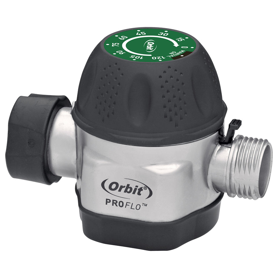 Orbit Pro Flo 2-Pack metal timer front dial enables simple outdoor watering.