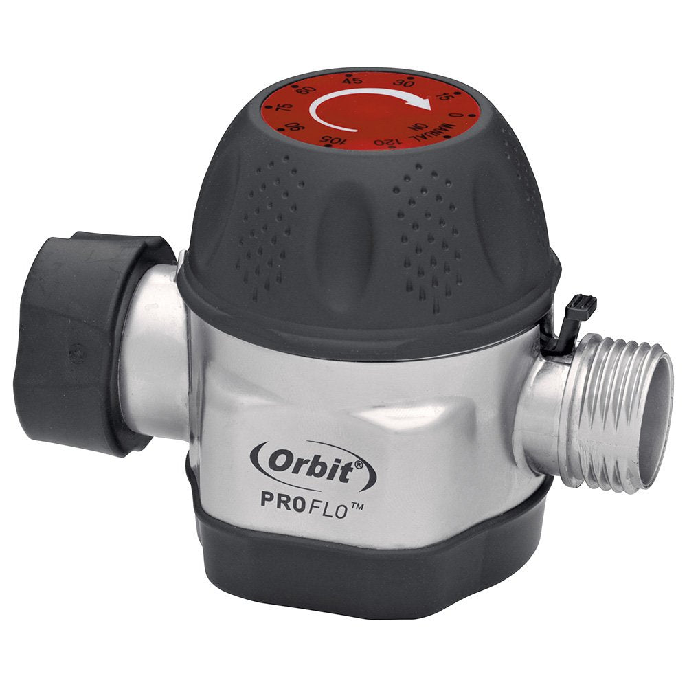 Orbit Pro Flo 2-Pack timer on hose demonstrates quick, battery-free operation.