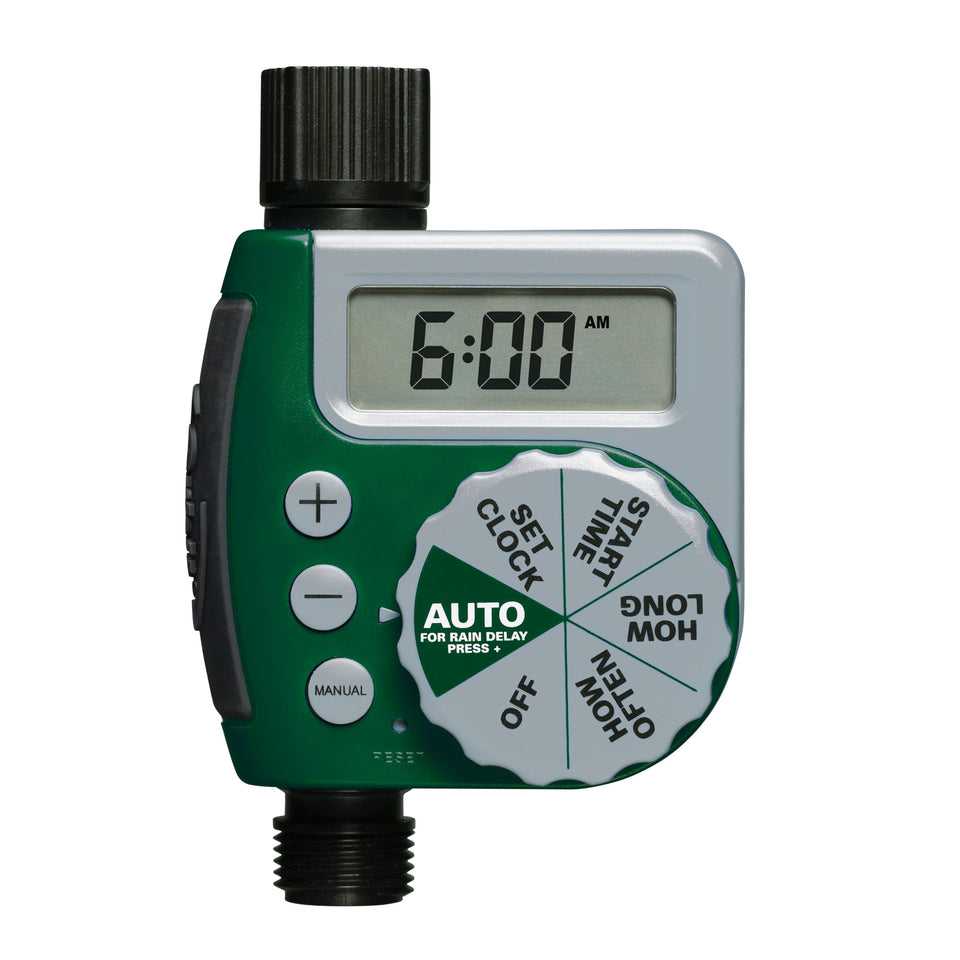 Orbit programmable digital hose timer with LCD display showing clear settings for precise irrigation.