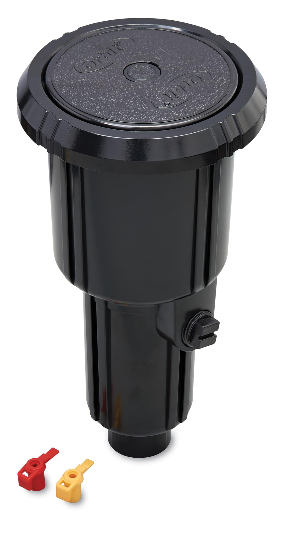 Orbit Pulse XL pop-up sprinkler canister front view showing durable ABS construction for outdoor use