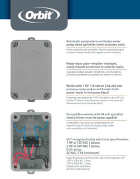 Orbit Pump Start Relay confirms compatibility with Orbit, Hydro-Rain controllers