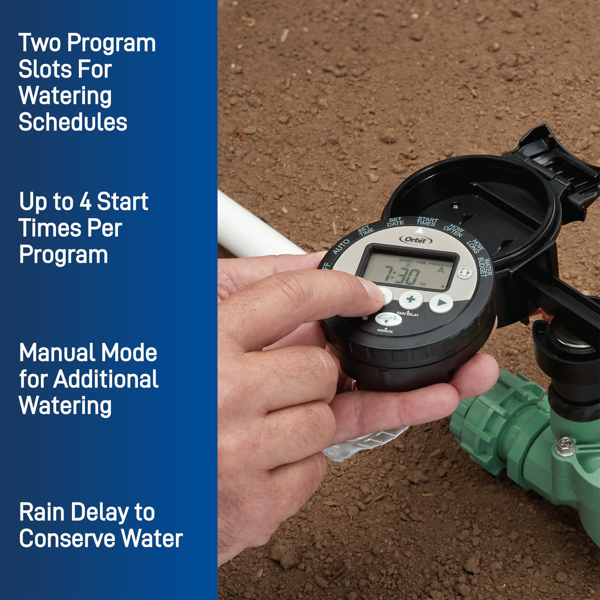 Orbit rain-delay-feature helps skip watering when rain is expected.