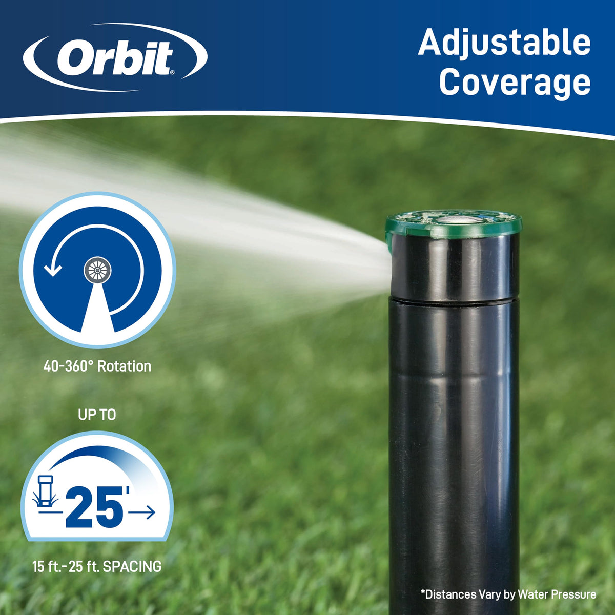 Orbit Saturn III arc-coverage adjustment enables flexible watering from 40° to 360°.