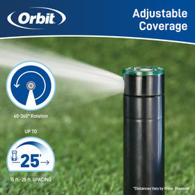 Orbit Saturn III arc-coverage adjustment enables flexible watering from 40° to 360°.