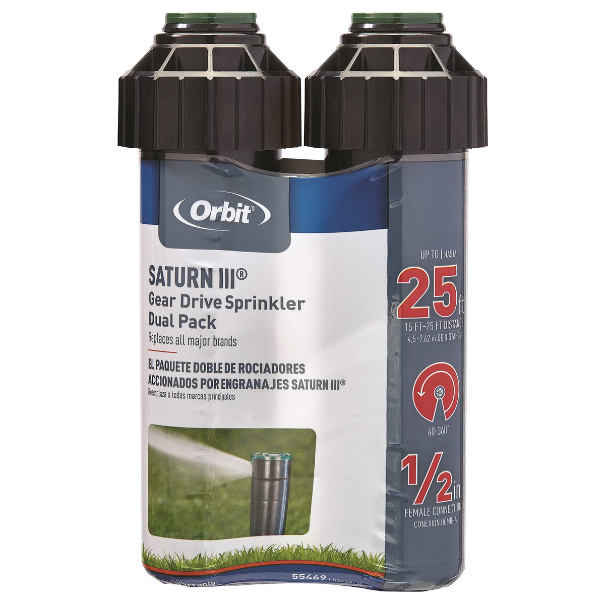 Orbit Saturn III gear-drive rotor sprinkler, two-pack, delivers precise, even yard coverage.
