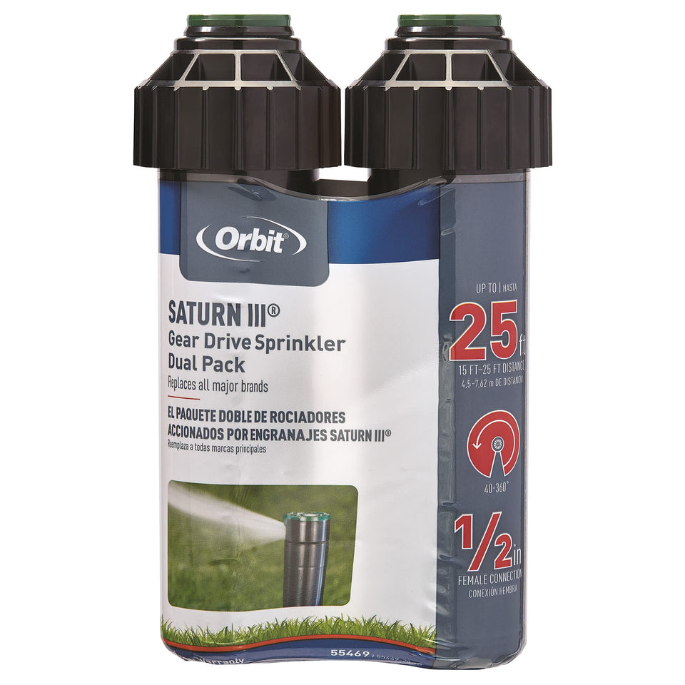 Orbit Saturn III gear-drive rotor sprinkler, two-pack, delivers precise, even yard coverage.