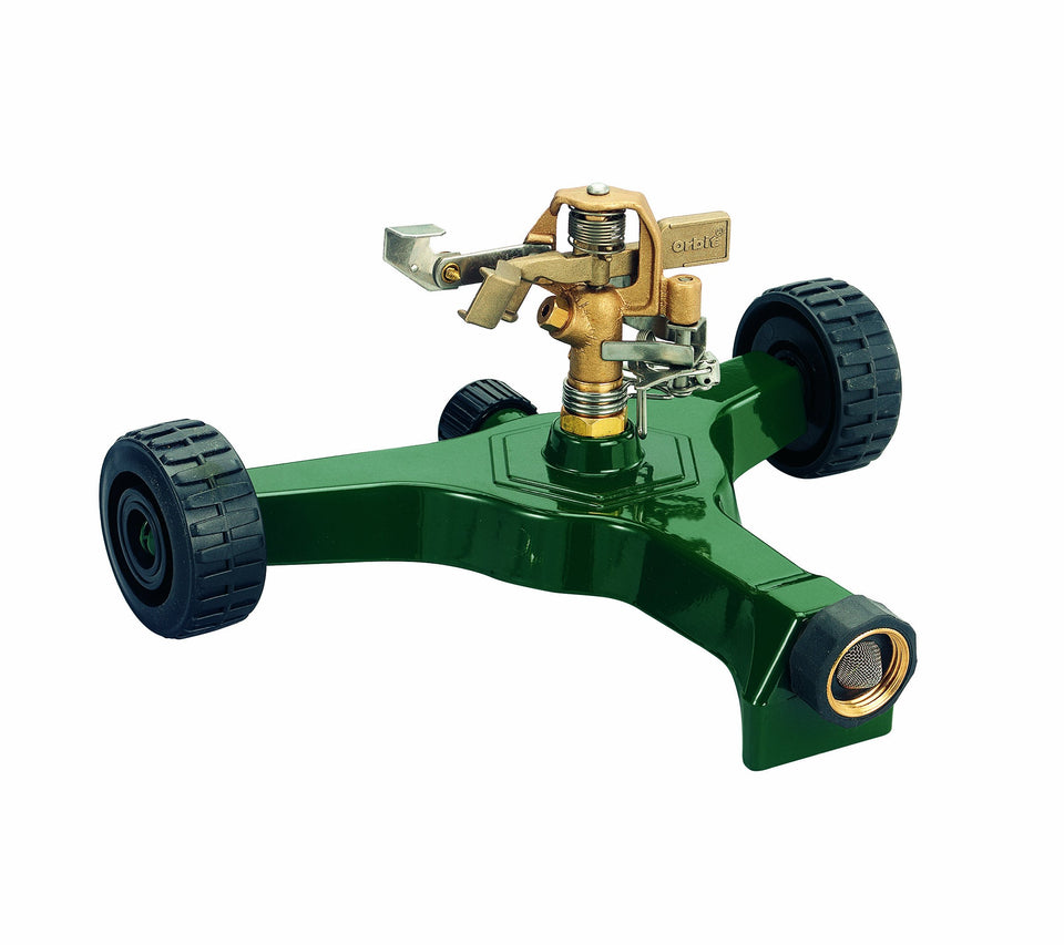 Orbit sprinkler with rotating head delivers even coverage up to 50 feet for lawns