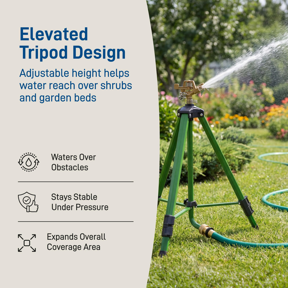 Orbit Tripod elevates watering, extending spray above grass and plants for even coverage.