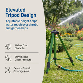 Orbit Tripod elevates watering, extending spray above grass and plants for even coverage.