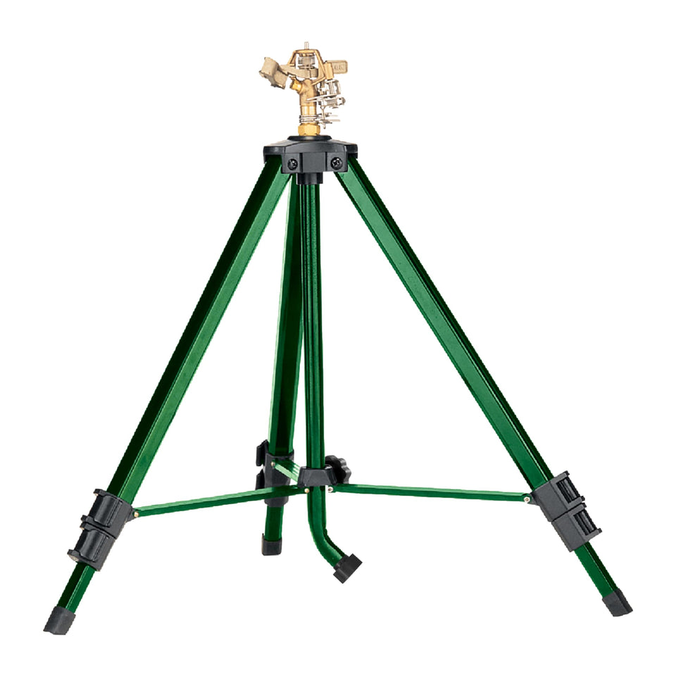 Orbit Tripod lawn sprinkler delivers 360-degree coverage for large yards with a zinc impact head.