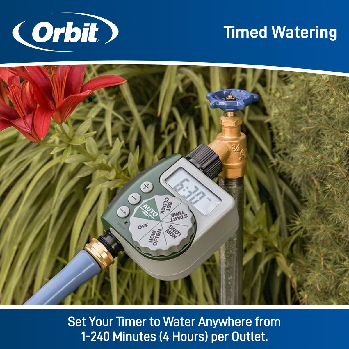 Orbit water-resistant outdoor timer withstands sun and rain for reliable irrigation.