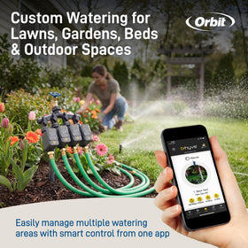 Orbit water-saving garden scene depicts healthier plants with efficient watering