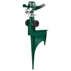 Orbit sprinkler shows adjustable coverage and anti-back splash design.