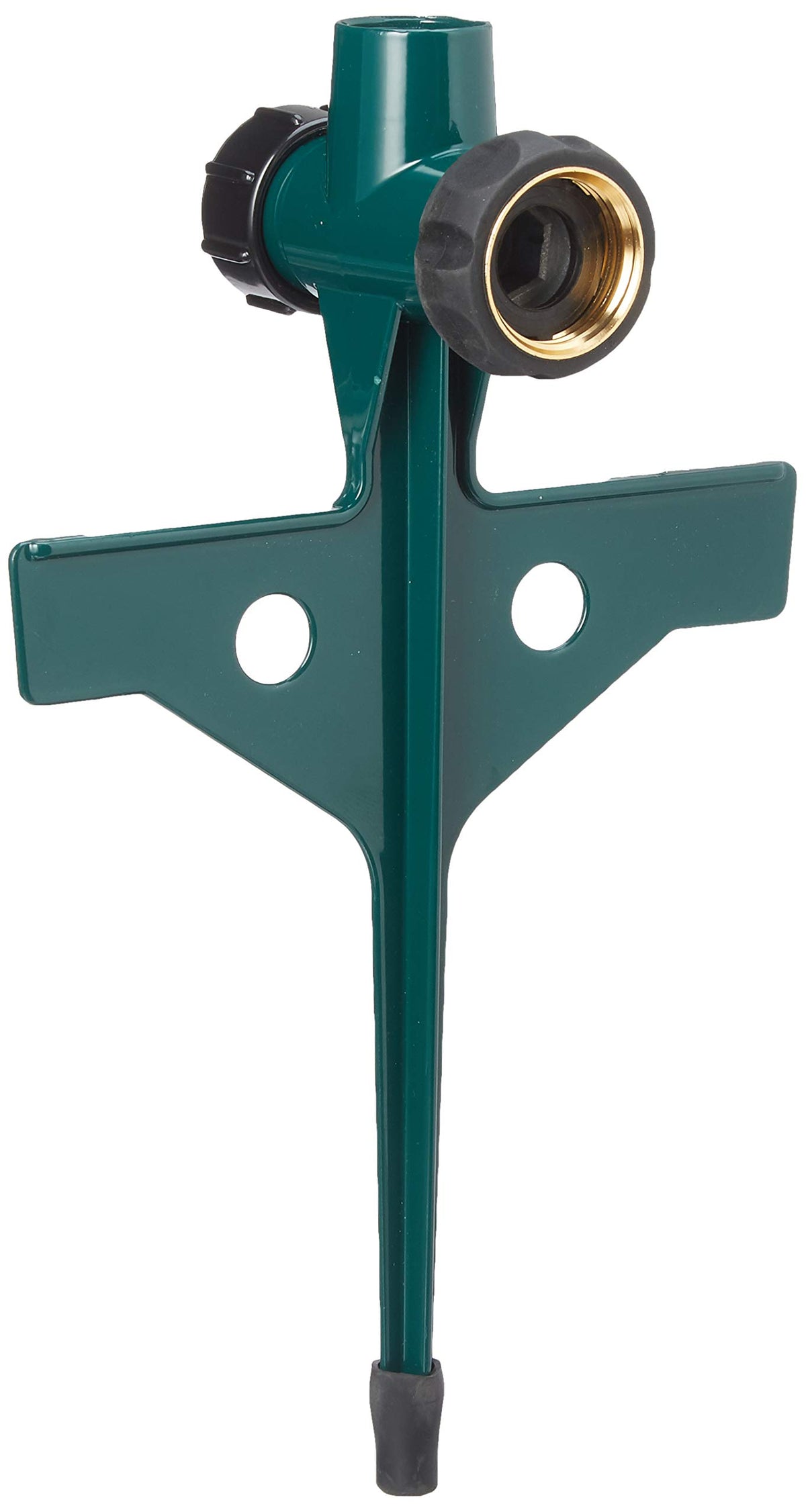 Orbit zinc step spike base secures sprinkler to ground for stable operation.